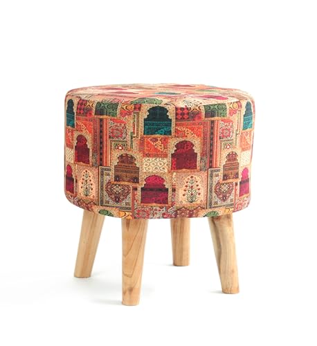 NACIA Velvet Printed Ottoman Chair | Dressing Table Chair for Bedroom Makeup Room Decor | Modern Upholstered Ottoman with Wooden Legs for Living Room & Home (18x18x32 Inches)