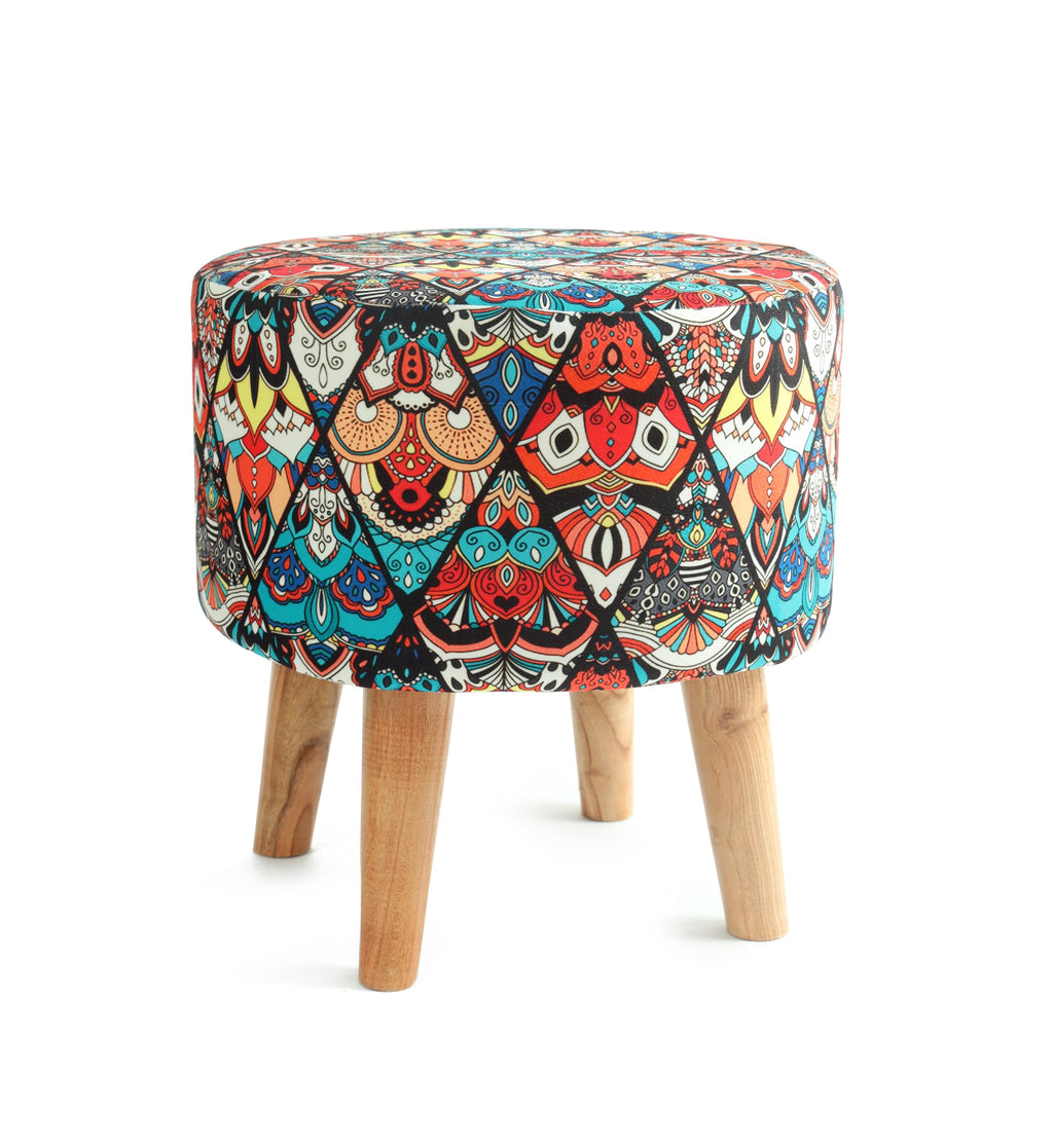 NACIA Printed Ottoman Stool for Living Room | Wooden Pouffe for Sitting and Footrest | Furniture for Home Decor