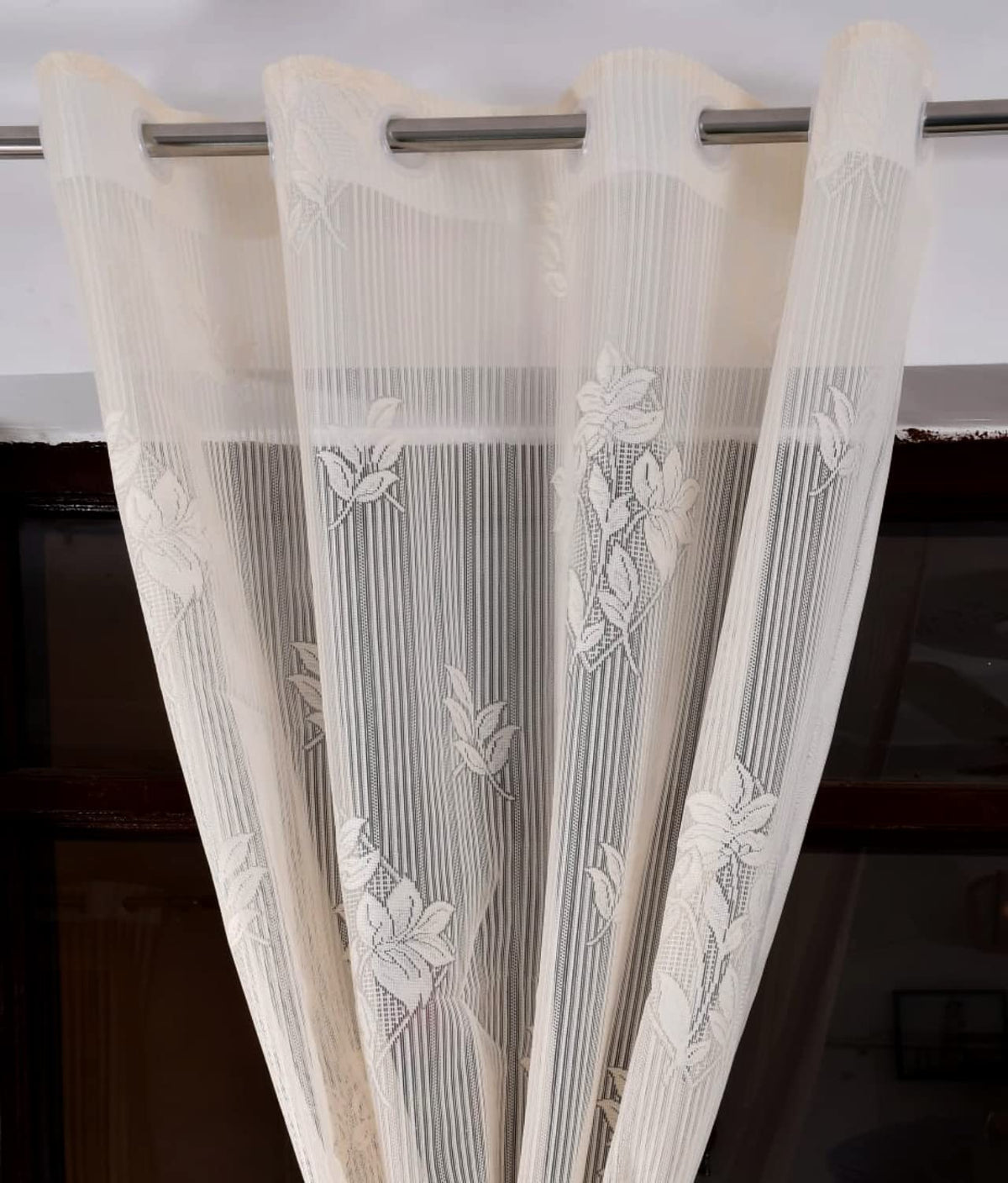 NACIA Floral Net Semi Sheer Curtains 9 Feet Long Set of 2 | Transparent Long Door Curtains with Eyelet Rings | Light Filtering Polyester Net Curtains for Living Room and Bedroom