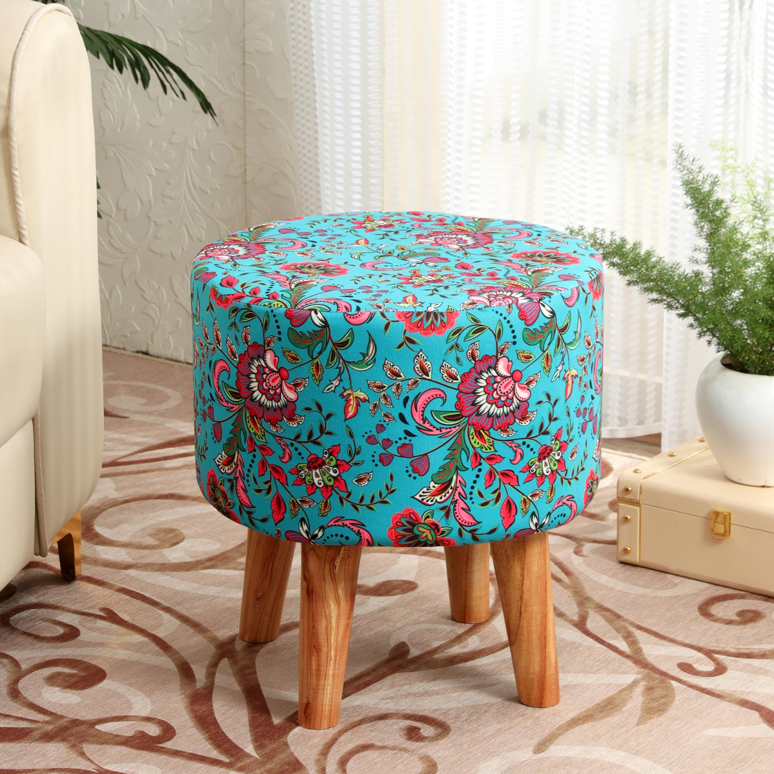 NACIA Printed Ottoman Stool for Living Room | Wooden Pouffe for Sitting and Footrest | Furniture for Home Decor
