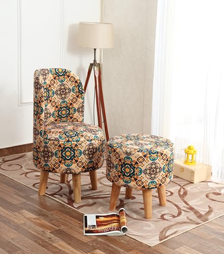 NACIA Velvet Printed Ottoman Chair with Stool Combo | Dressing Table Chair for Bedroom Makeup Room Decor | Modern Upholstered Ottoman with Wooden Legs for Living Room & Home