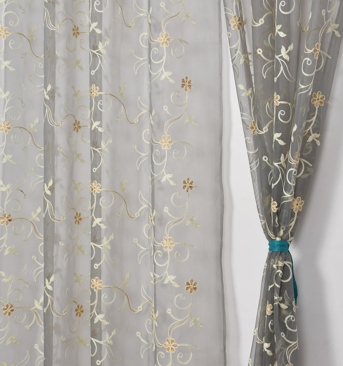 NACIA Tissue Net Embroidery Sheer Curtains 7 Feet Set of 2 | Floral Transparent Door Curtains with Eyelet Rings | Light Filtering Polyester Curtains for Living Room and Bedroom