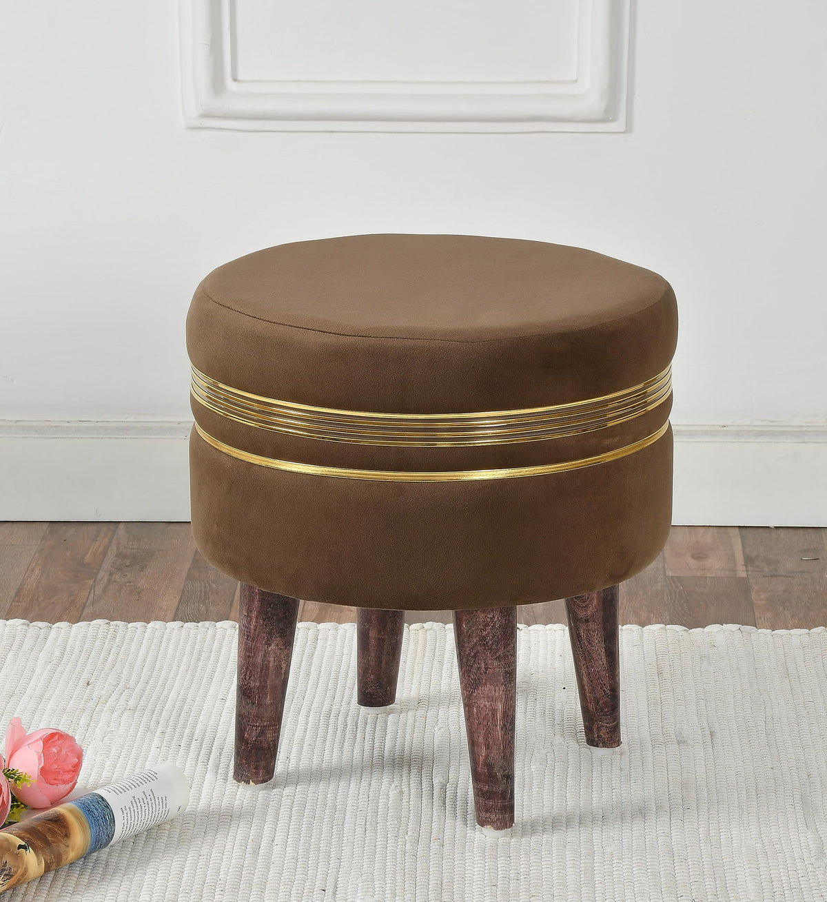 NACIA Ottoman Pouffe Stool for Living Room | Round Cushioned Footstool with Wooden & Gold Metal Legs | Dressing Table Chair for Home Decor, Bedroom & Balcony Use