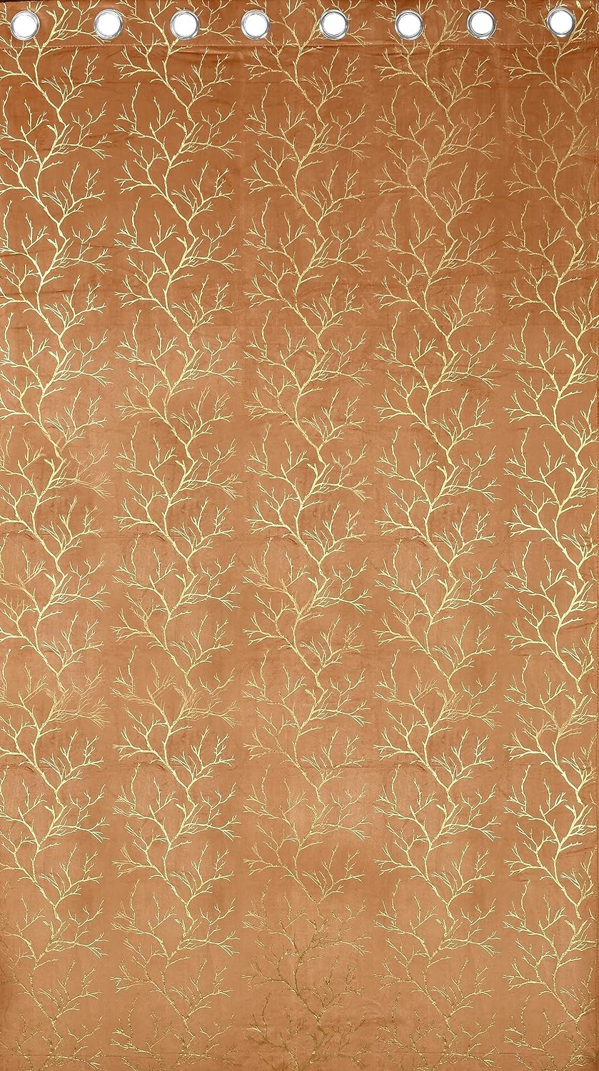 NACIA Golden Foil Print Velvet Curtains for Long Window, Door and Log Door | Decorative Eyelet Room Darkening Drapes with Metallic Tree Branch Design for Living Room and Home Décor, Pack of 1