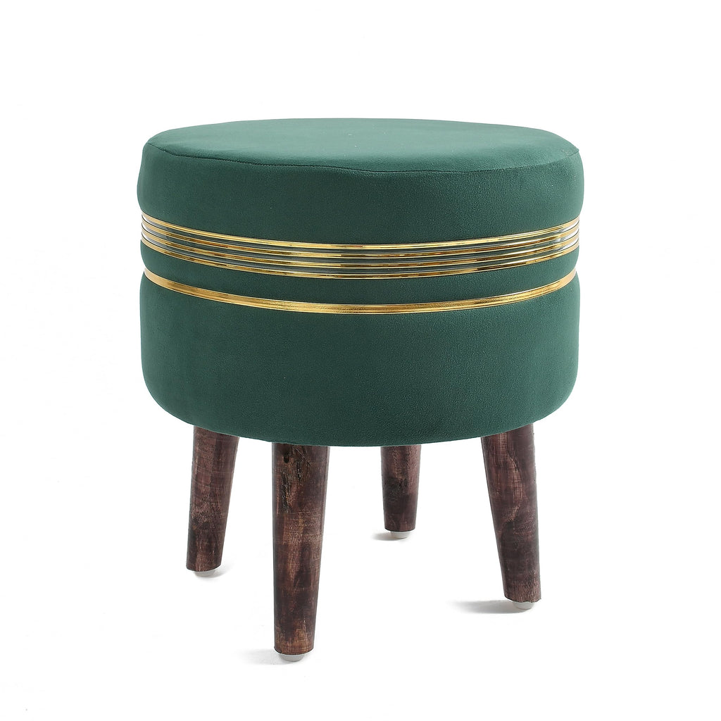 NACIA Ottoman Pouffe Stool for Living Room | Round Cushioned Footstool with Wooden & Gold Metal Legs | Dressing Table Chair for Home Decor, Bedroom & Balcony Use