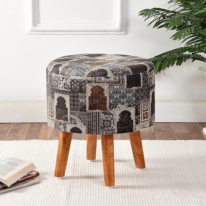 NACIA Printed Ottoman Stool for Living Room | Wooden Pouffe for Sitting and Footrest | Furniture for Home Decor