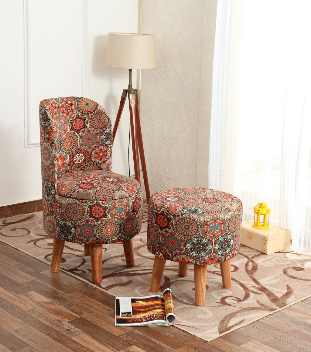 NACIA Velvet Printed Ottoman Chair with Stool Combo | Dressing Table Chair for Bedroom Makeup Room Decor | Modern Upholstered Ottoman with Wooden Legs for Living Room & Home