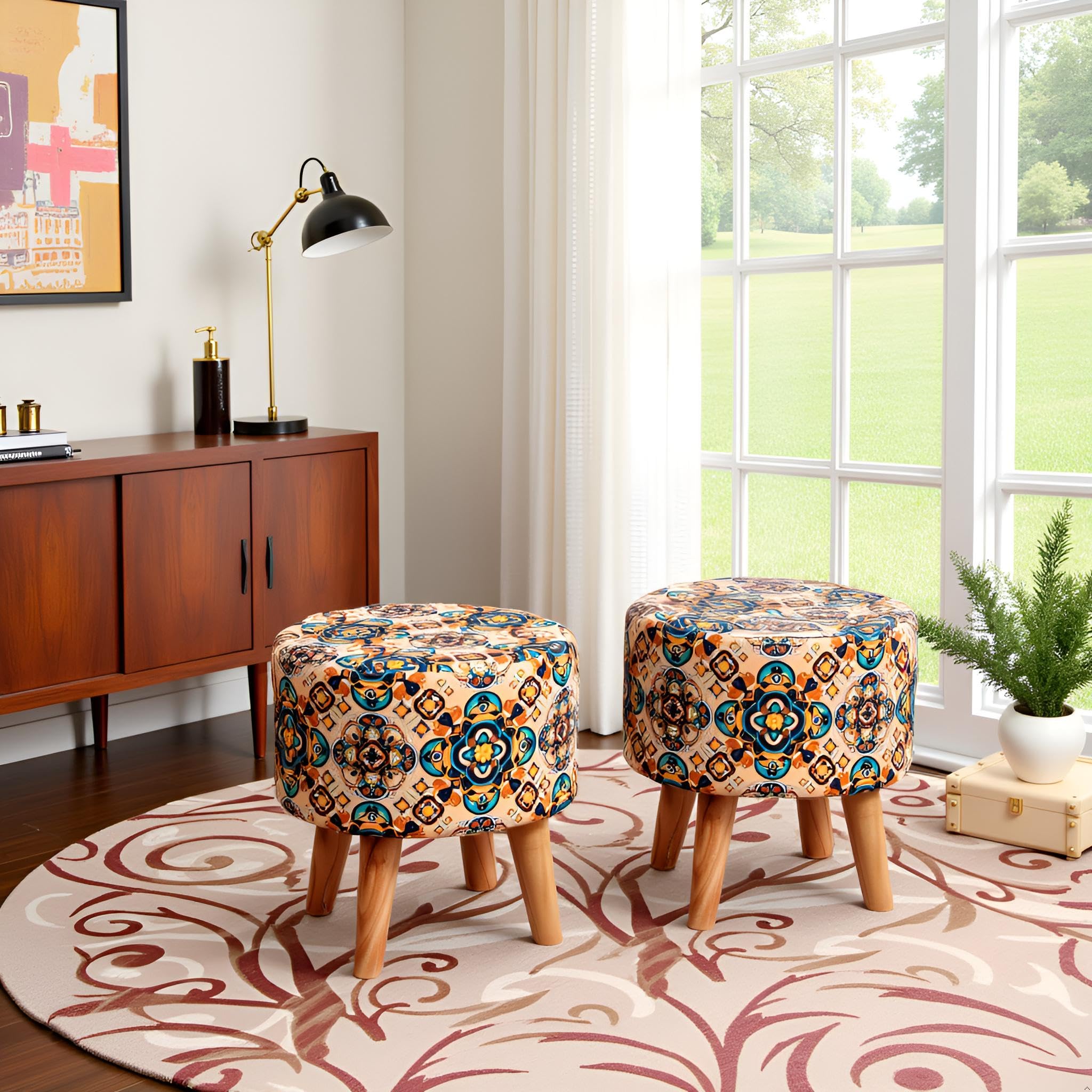NACIA Printed Ottoman Stool for Living Room | Wooden Pouffe for Sitting and Footrest | Furniture for Home Decor