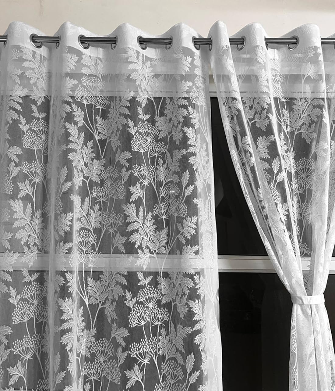 NACIA Floral Net Semi Sheer Curtains 9 Feet Long Set of 2 | Transparent Long Door Curtains with Eyelet Rings | Light Filtering Polyester Net Curtains for Living Room and Bedroom
