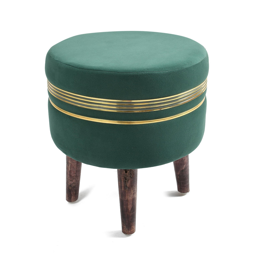 NACIA Ottoman Pouffe Stool for Living Room | Round Cushioned Footstool with Wooden & Gold Metal Legs | Dressing Table Chair for Home Decor, Bedroom & Balcony Use