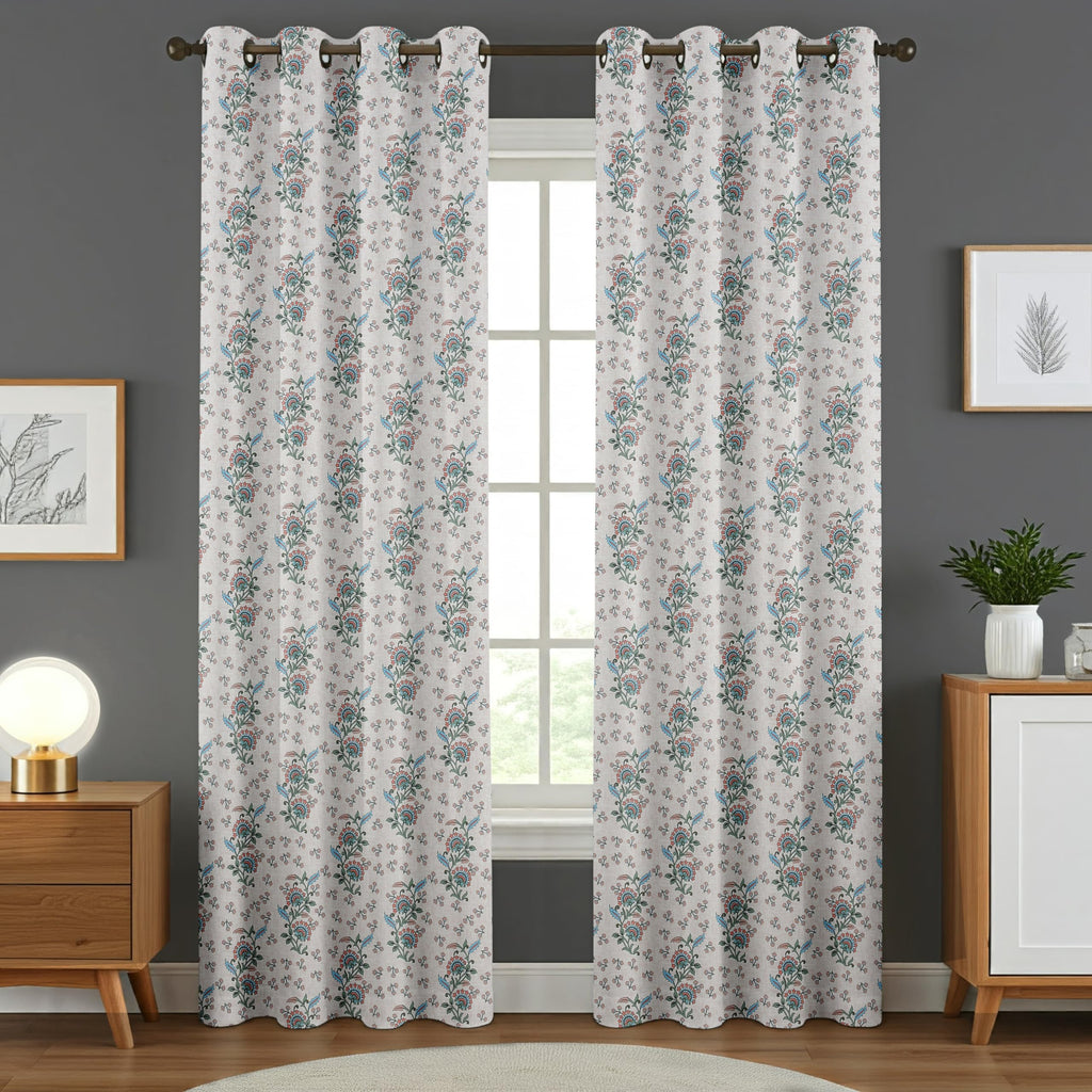 NACIA Cotton Room Darkening Printed Eyelet Curtains for Door, Long Door and Window | Geometric Printed Curtain Panel for Living Room and Bedroom | Grommet Window Drapes