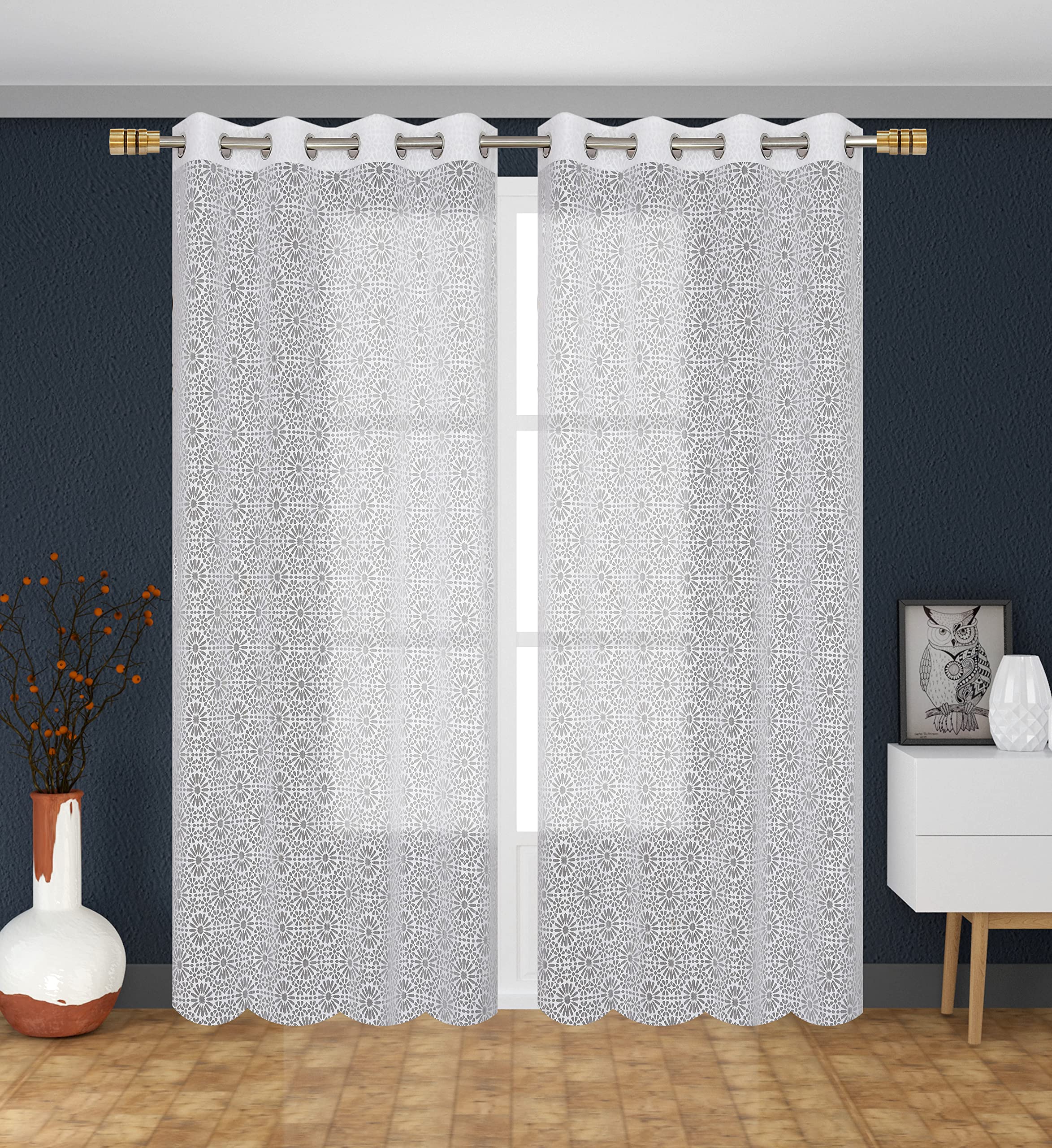 NACIA Heavy Polyester Net Semi Sheer Curtains for Door | Geometric Design Grommet Curtains | Semi Transparent Window Drapes for Living Room Bedroom Home Décor