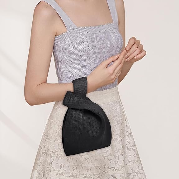 NACIA® Handbag for Women Wristlet Knitted Hand Bag for Shopping Tote Bag Knot Pouch foldable Tote Purse for Wrist small Knitted Sleeve Tote Handle Bag Wristlet Pouch Purse for Women, Cream