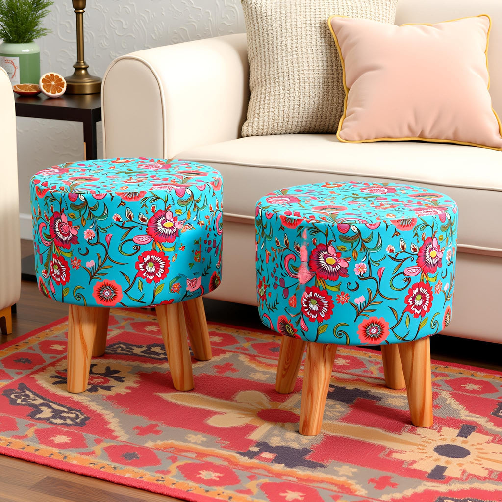 NACIA Printed Ottoman Stool for Living Room | Wooden Pouffe for Sitting and Footrest | Furniture for Home Decor