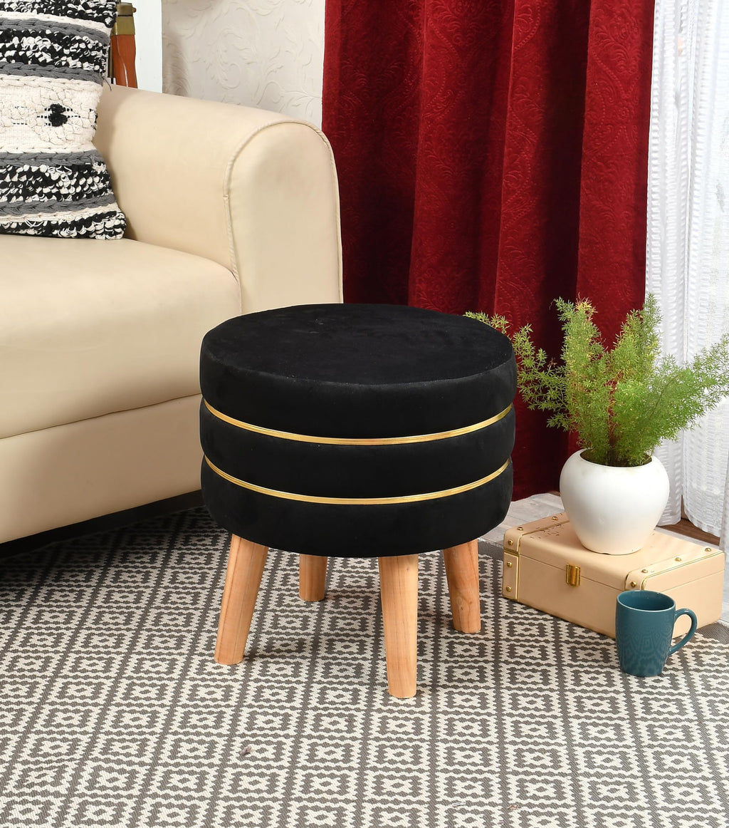 NACIA Velvet Upholstered Ottoman Stool with Wooden Legs | Round Pouffe Footrest Seat for Living Room Bedroom Balcony | Compact Foot Stool for Sitting Home Decor Furniture, 18 Inch