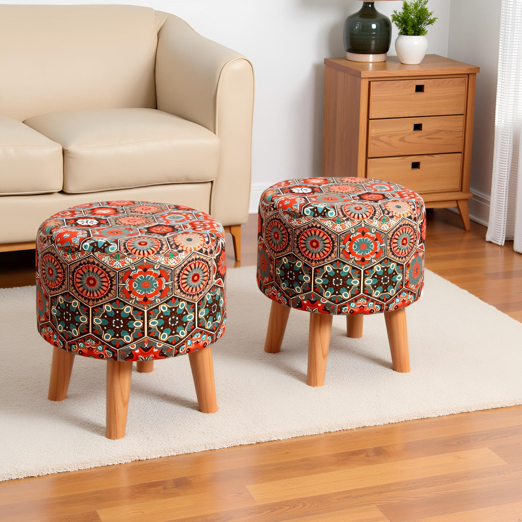 NACIA Printed Ottoman Stool for Living Room | Wooden Pouffe for Sitting and Footrest | Furniture for Home Decor