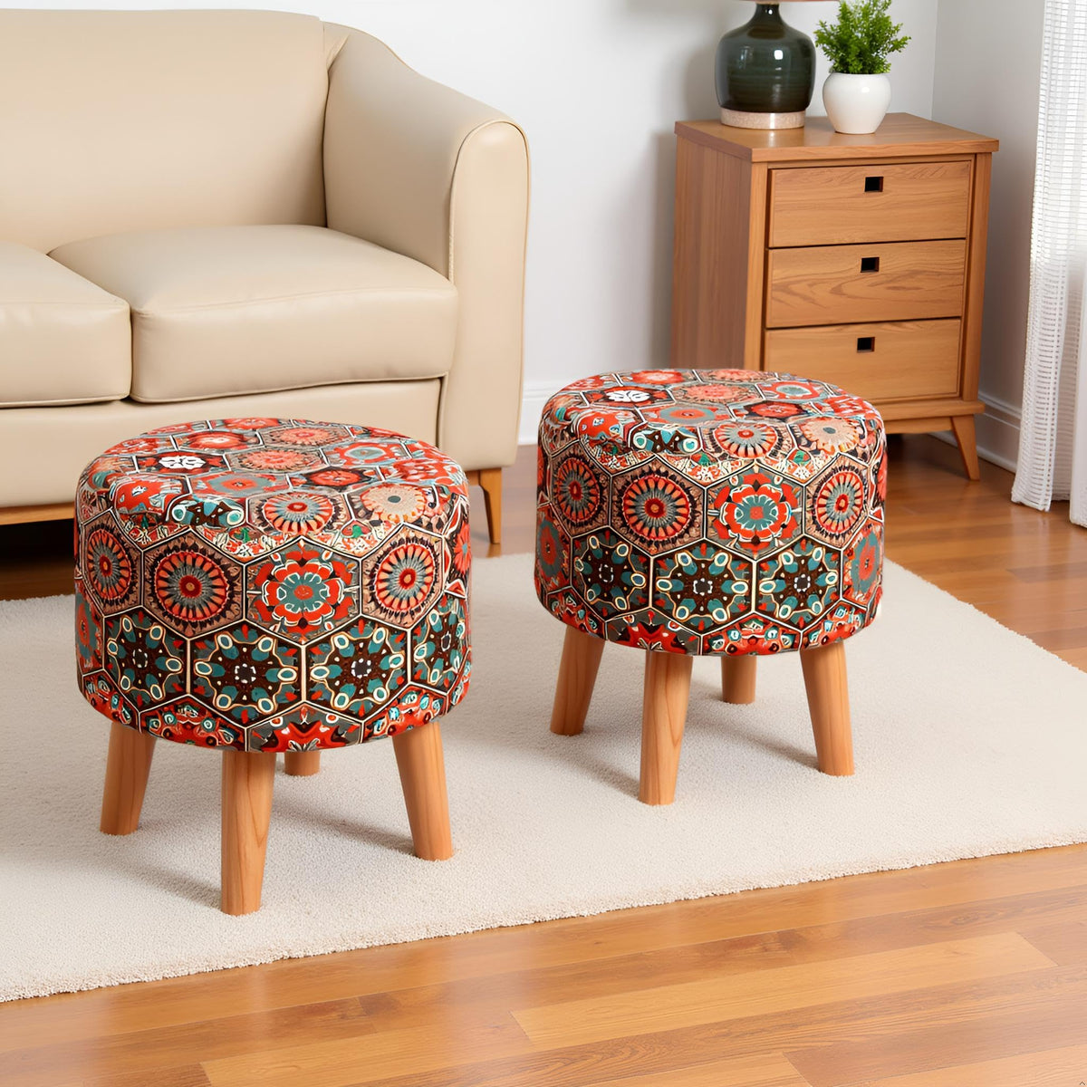 NACIA Printed Ottoman Stool for Living Room | Wooden Pouffe for Sitting and Footrest | Furniture for Home Decor