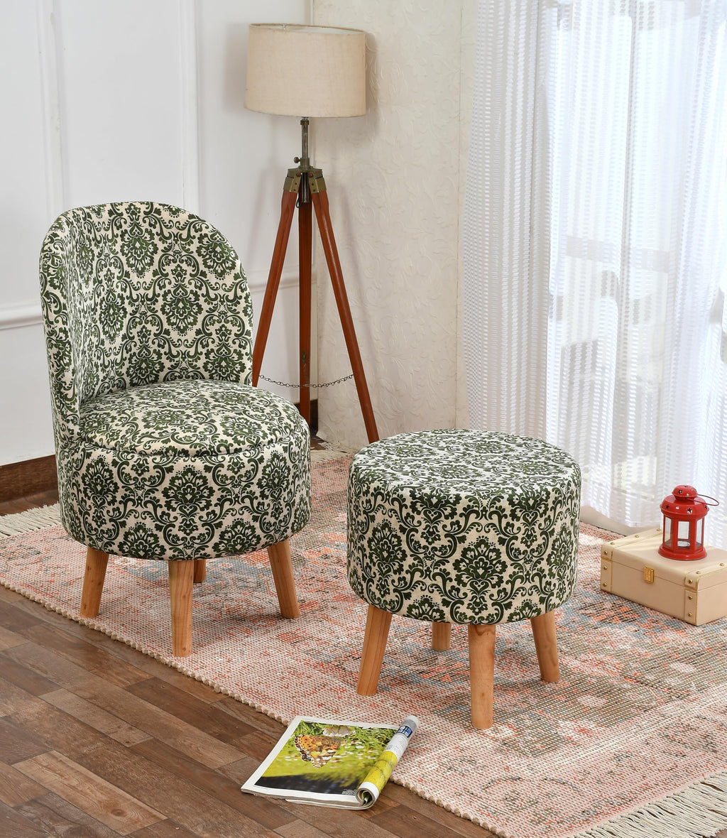 NACIA Velvet Printed Ottoman Chair with Stool Combo | Dressing Table Chair for Bedroom Makeup Room Decor | Modern Upholstered Ottoman with Wooden Legs for Living Room & Home
