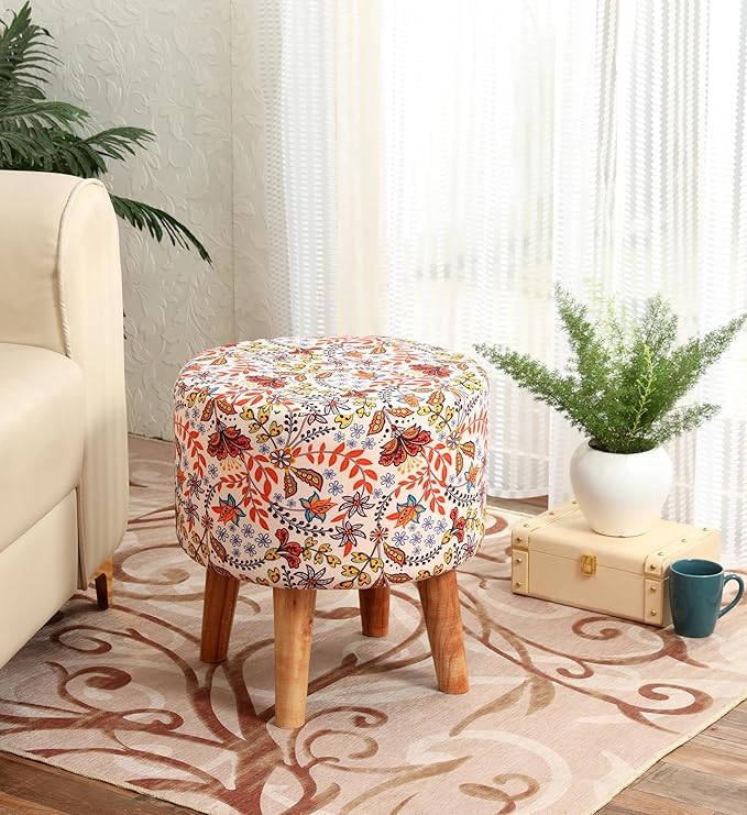NACIA Printed Ottoman Stool for Living Room | Wooden Pouffe for Sitting and Footrest | Furniture for Home Decor