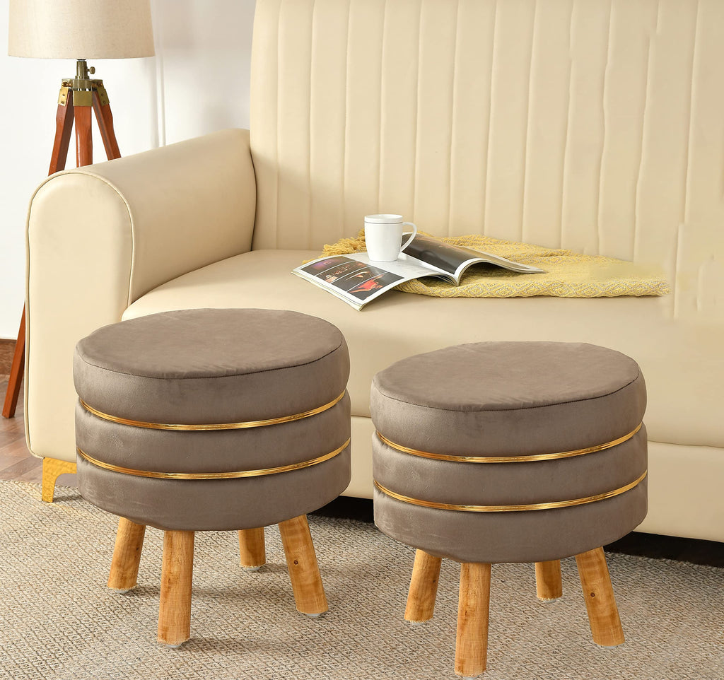NACIA Velvet Upholstered Ottoman Stool with Wooden Legs | Round Pouffe Footrest Seat for Living Room Bedroom Balcony | Compact Foot Stool for Sitting Home Decor Furniture, 18 Inch