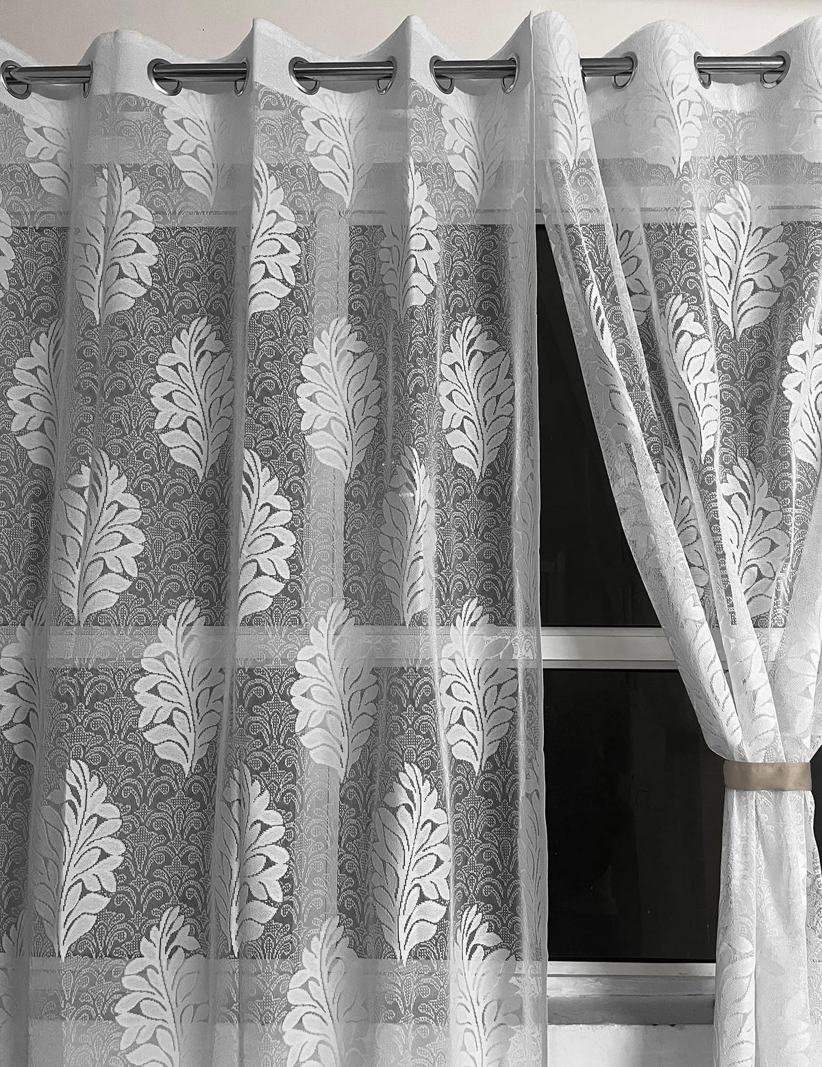 NACIA Floral Net Semi Sheer Curtains 9 Feet Long Set of 2 | Transparent Long Door Curtains with Eyelet Rings | Light Filtering Polyester Net Curtains for Living Room and Bedroom