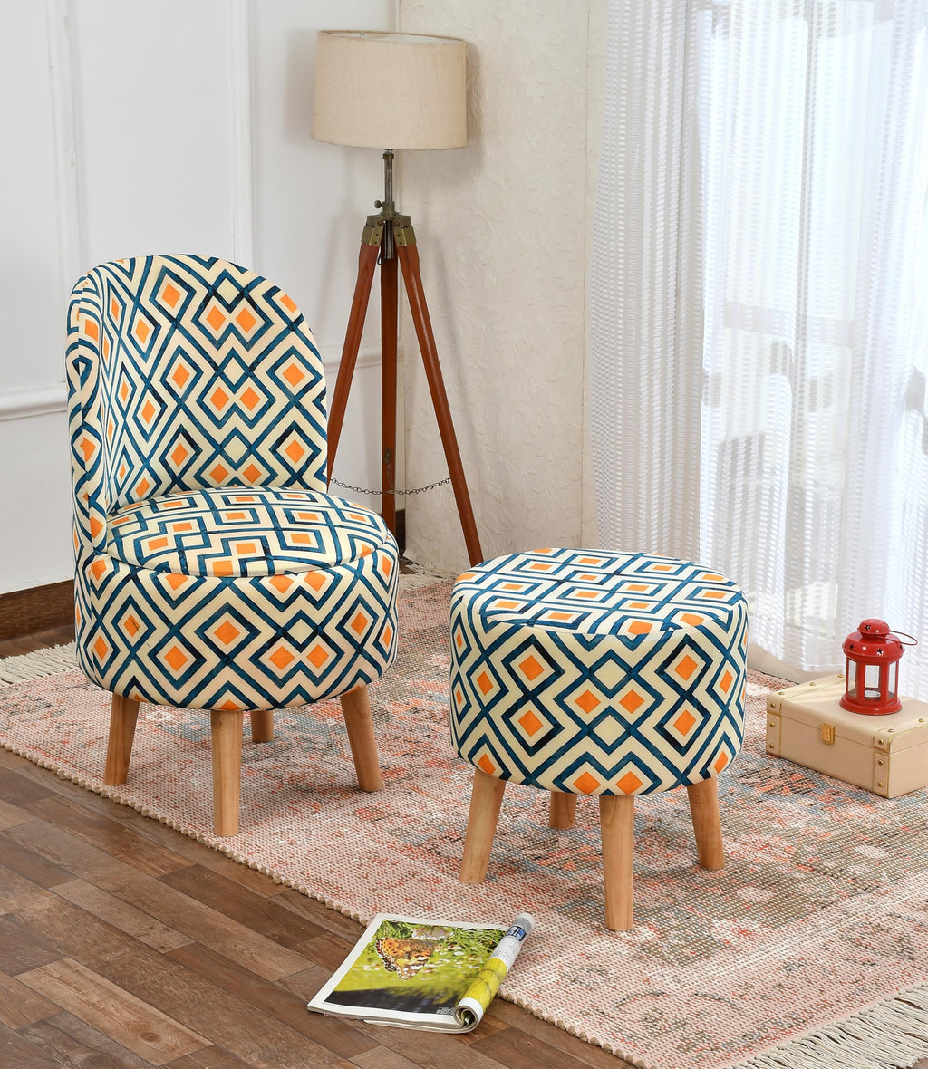NACIA Velvet Printed Ottoman Chair with Stool Combo | Dressing Table Chair for Bedroom Makeup Room Decor | Modern Upholstered Ottoman with Wooden Legs for Living Room & Home