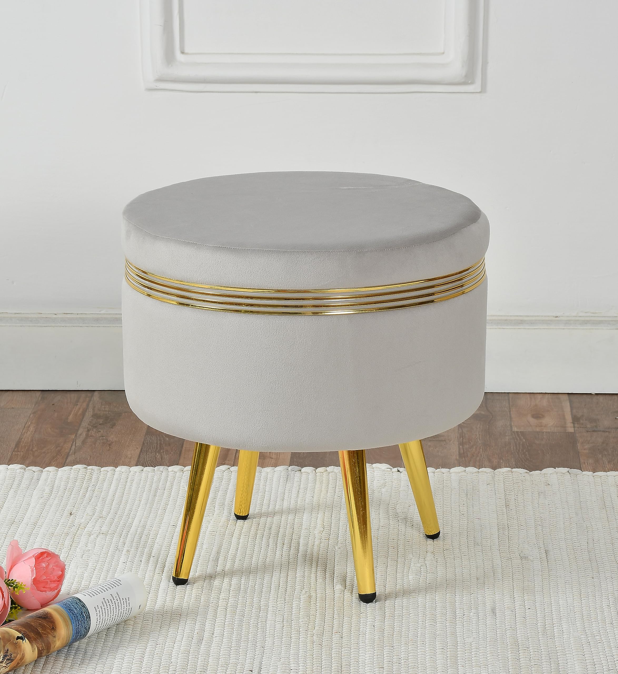 NACIA Ottoman Pouffe Stool for Living Room | Round Cushioned Footstool with Wooden & Gold Metal Legs | Dressing Table Chair for Home Decor, Bedroom & Balcony Use