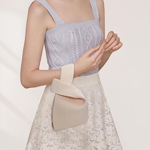NACIA® Handbag for Women Wristlet Knitted Hand Bag for Shopping Tote Bag Knot Pouch foldable Tote Purse for Wrist small Knitted Sleeve Tote Handle Bag Wristlet Pouch Purse for Women, Cream