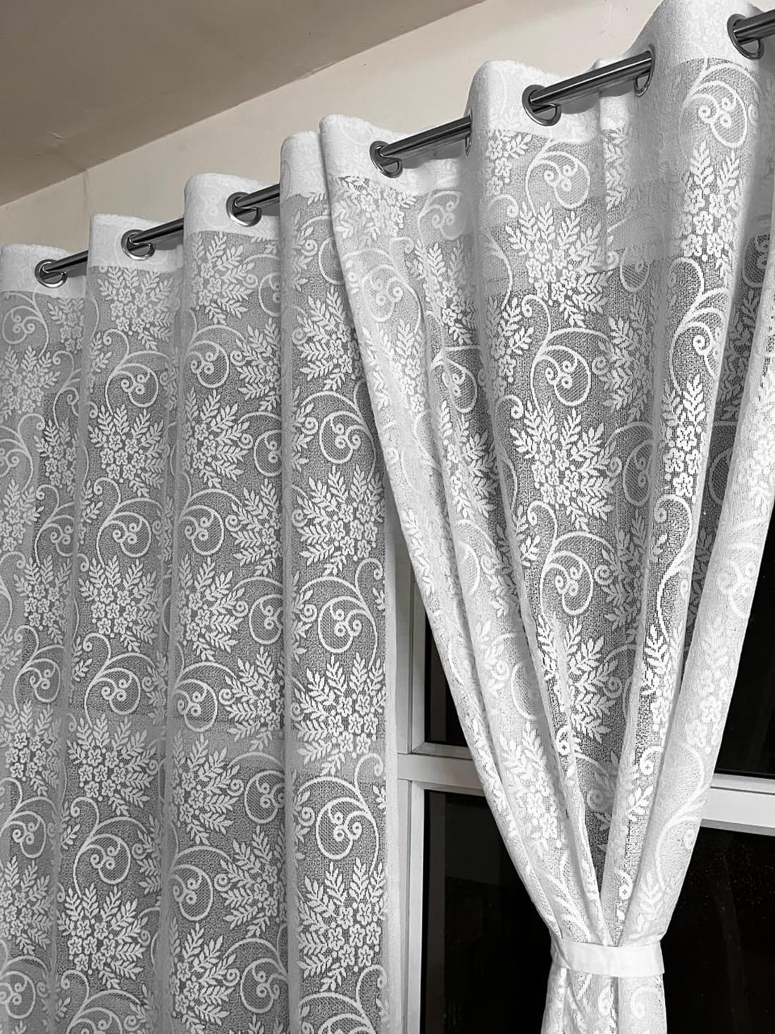 NACIA Floral Net Semi Sheer Curtains 9 Feet Long Set of 2 | Transparent Long Door Curtains with Eyelet Rings | Light Filtering Polyester Net Curtains for Living Room and Bedroom