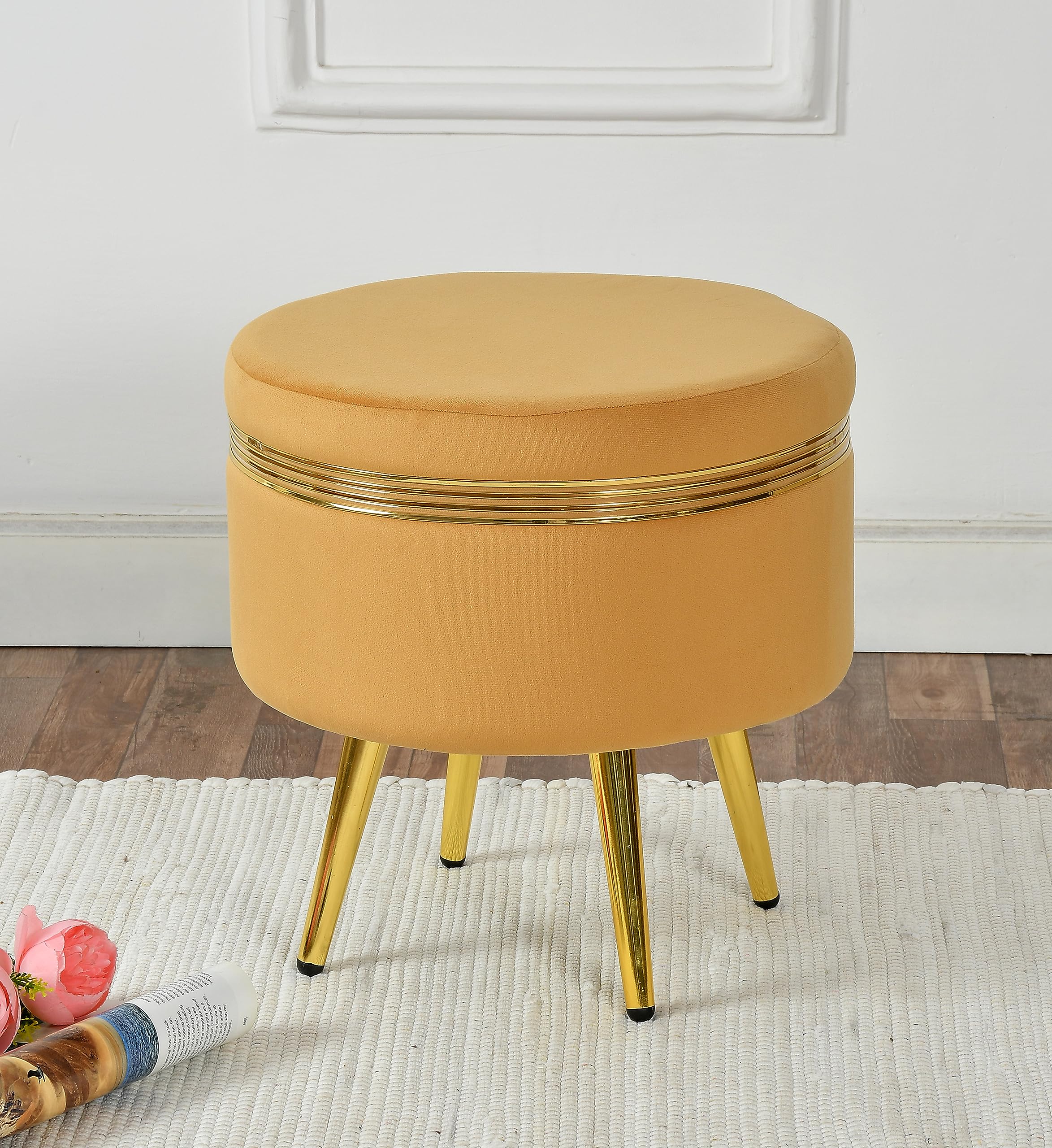 NACIA Ottoman Pouffe Stool for Living Room | Round Cushioned Footstool with Wooden & Gold Metal Legs | Dressing Table Chair for Home Decor, Bedroom & Balcony Use