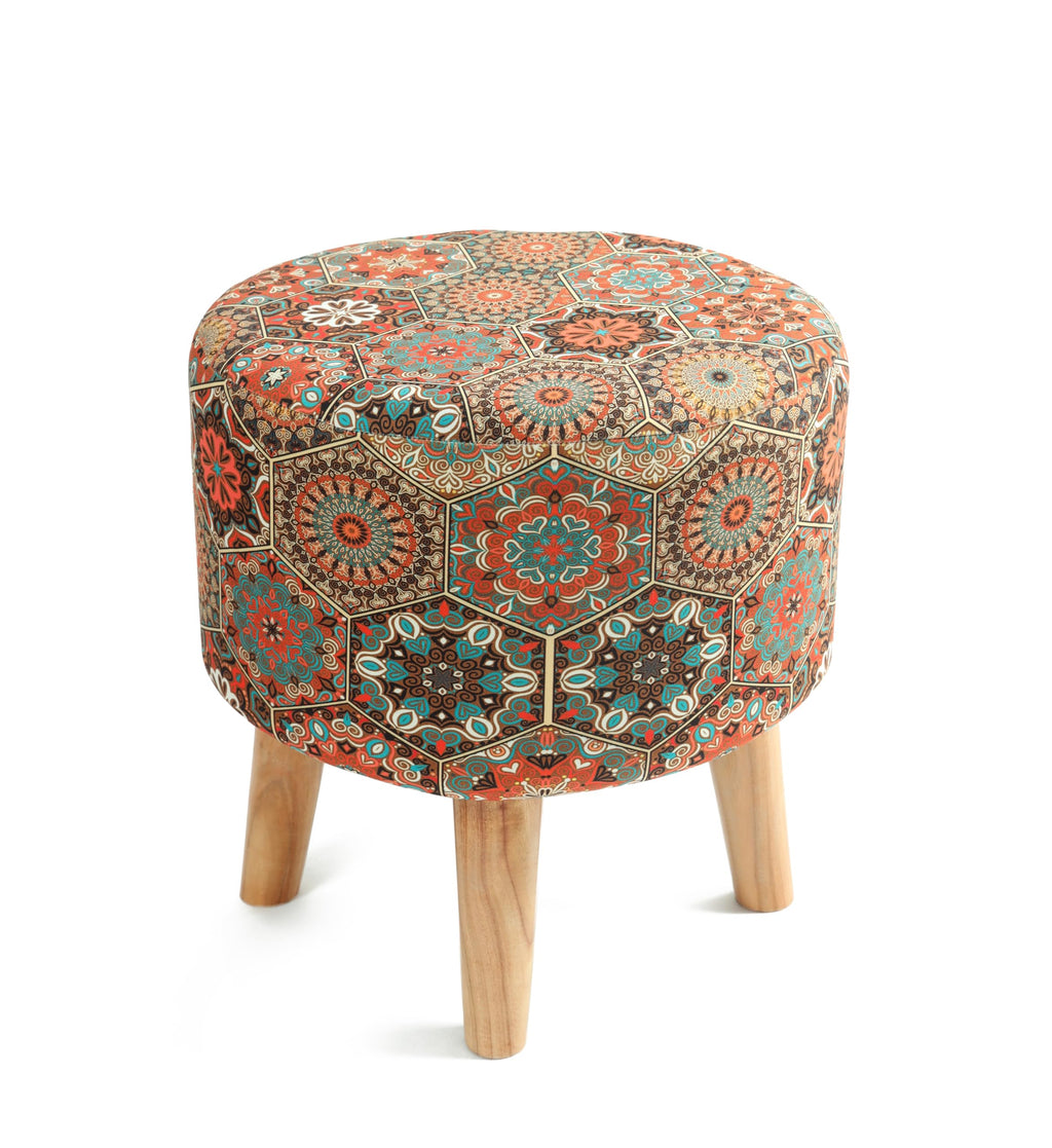 NACIA Velvet Printed Ottoman Chair with Stool Combo | Dressing Table Chair for Bedroom Makeup Room Decor | Modern Upholstered Ottoman with Wooden Legs for Living Room & Home