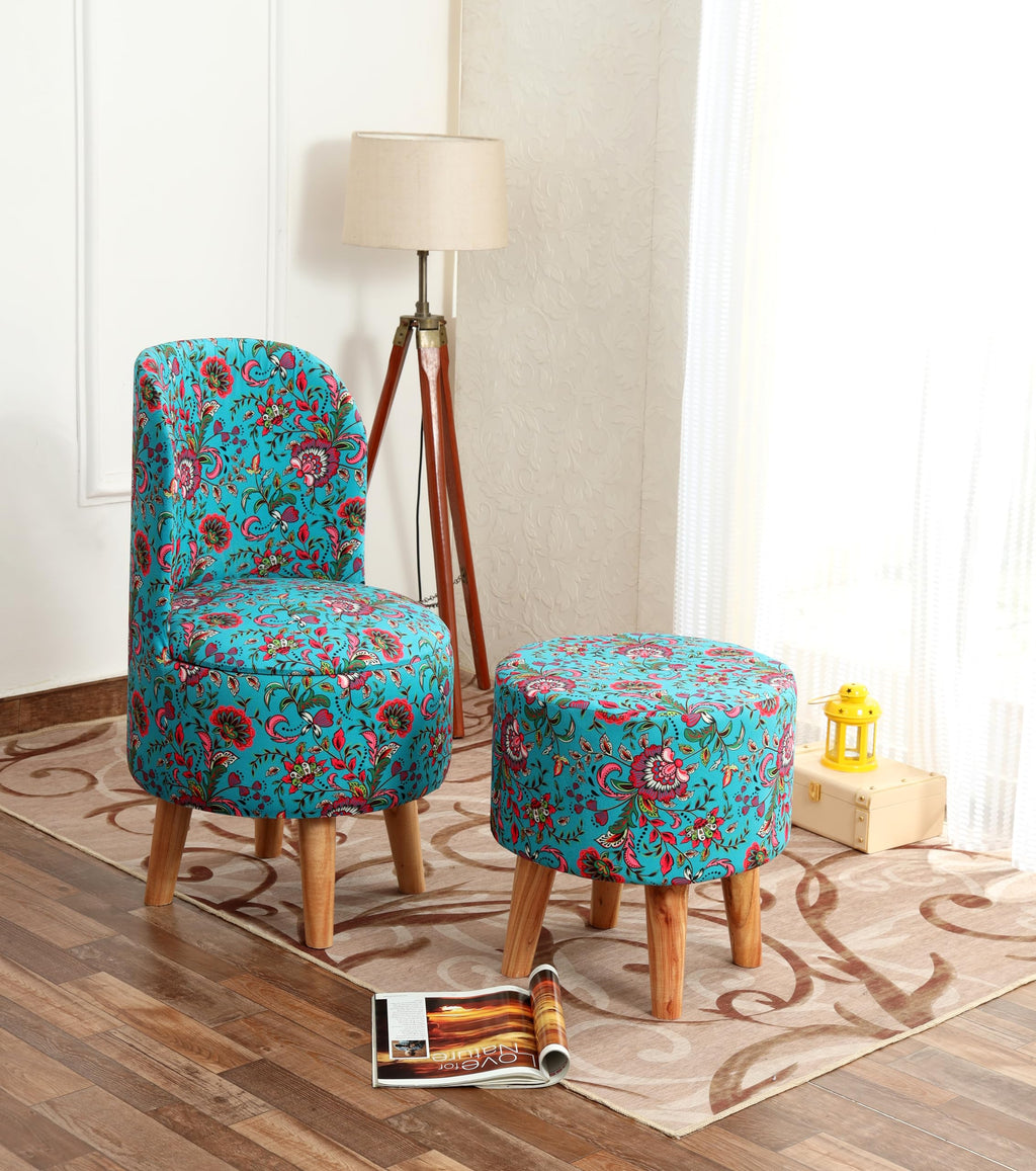 NACIA Velvet Printed Ottoman Chair with Stool Combo | Dressing Table Chair for Bedroom Makeup Room Decor | Modern Upholstered Ottoman with Wooden Legs for Living Room & Home