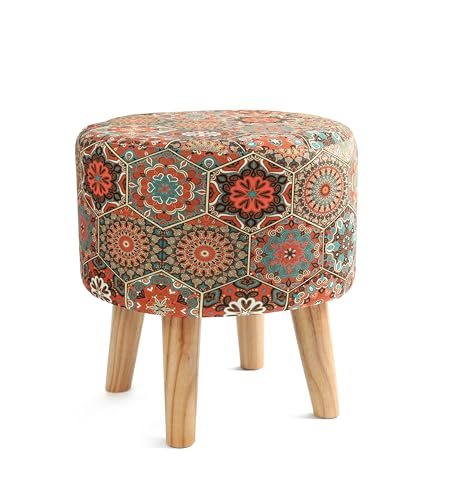 NACIA Velvet Printed Ottoman Chair with Stool Combo | Dressing Table Chair for Bedroom Makeup Room Decor | Modern Upholstered Ottoman with Wooden Legs for Living Room & Home