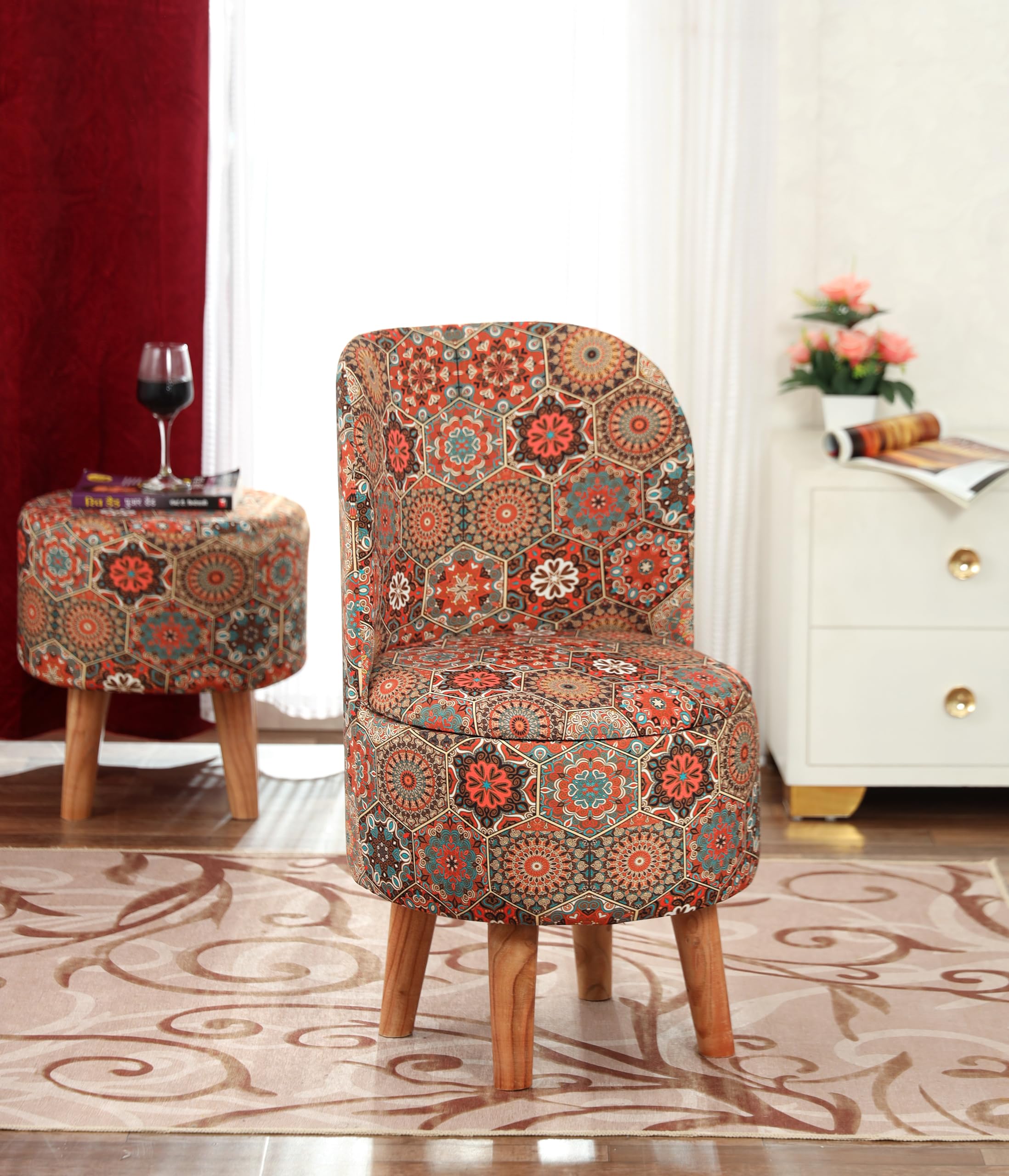 NACIA Velvet Printed Ottoman Chair with Stool Combo | Dressing Table Chair for Bedroom Makeup Room Decor | Modern Upholstered Ottoman with Wooden Legs for Living Room & Home