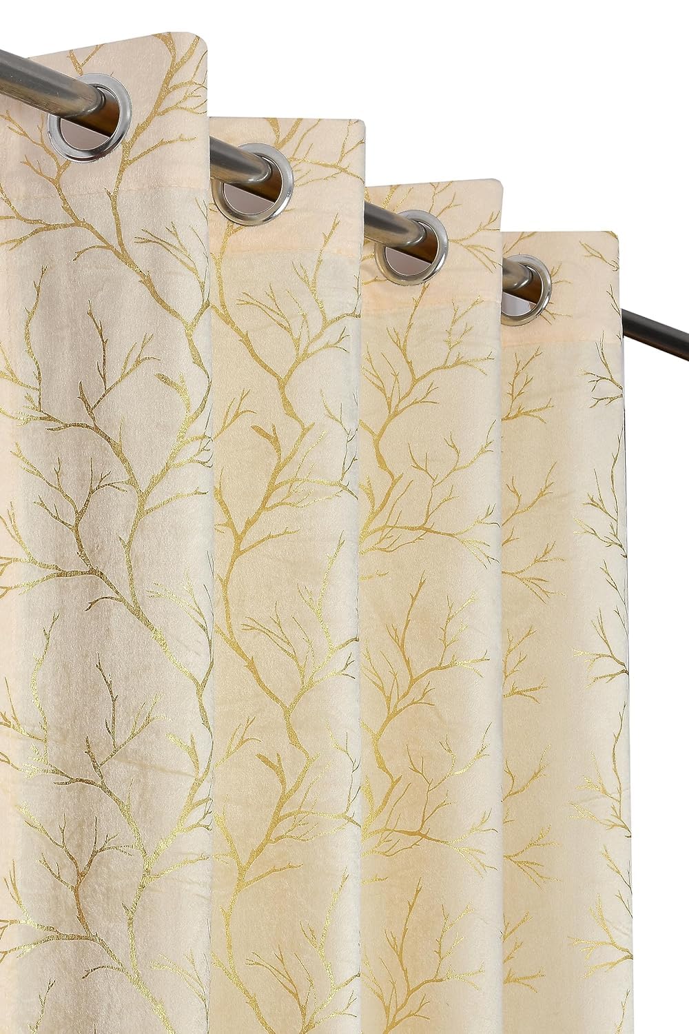 NACIA Golden Foil Print Velvet Curtains for Long Window, Door and Log Door | Decorative Eyelet Room Darkening Drapes with Metallic Tree Branch Design for Living Room and Home Décor, Pack of 1