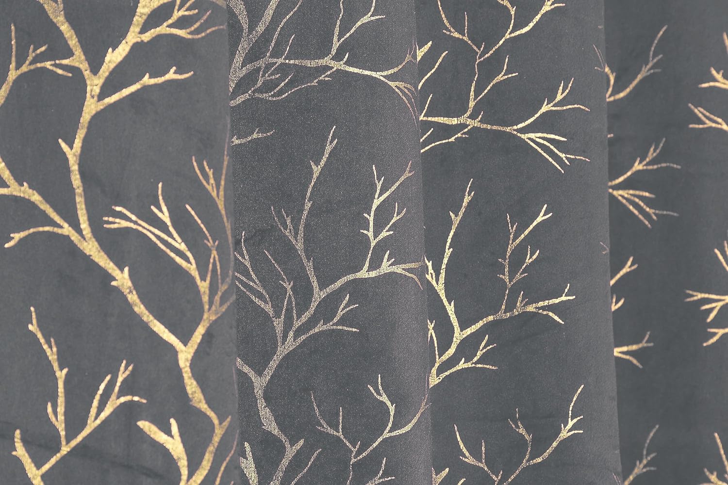 NACIA Golden Foil Print Velvet Curtains for Long Window, Door and Log Door | Decorative Eyelet Room Darkening Drapes with Metallic Tree Branch Design for Living Room and Home Décor, Pack of 1