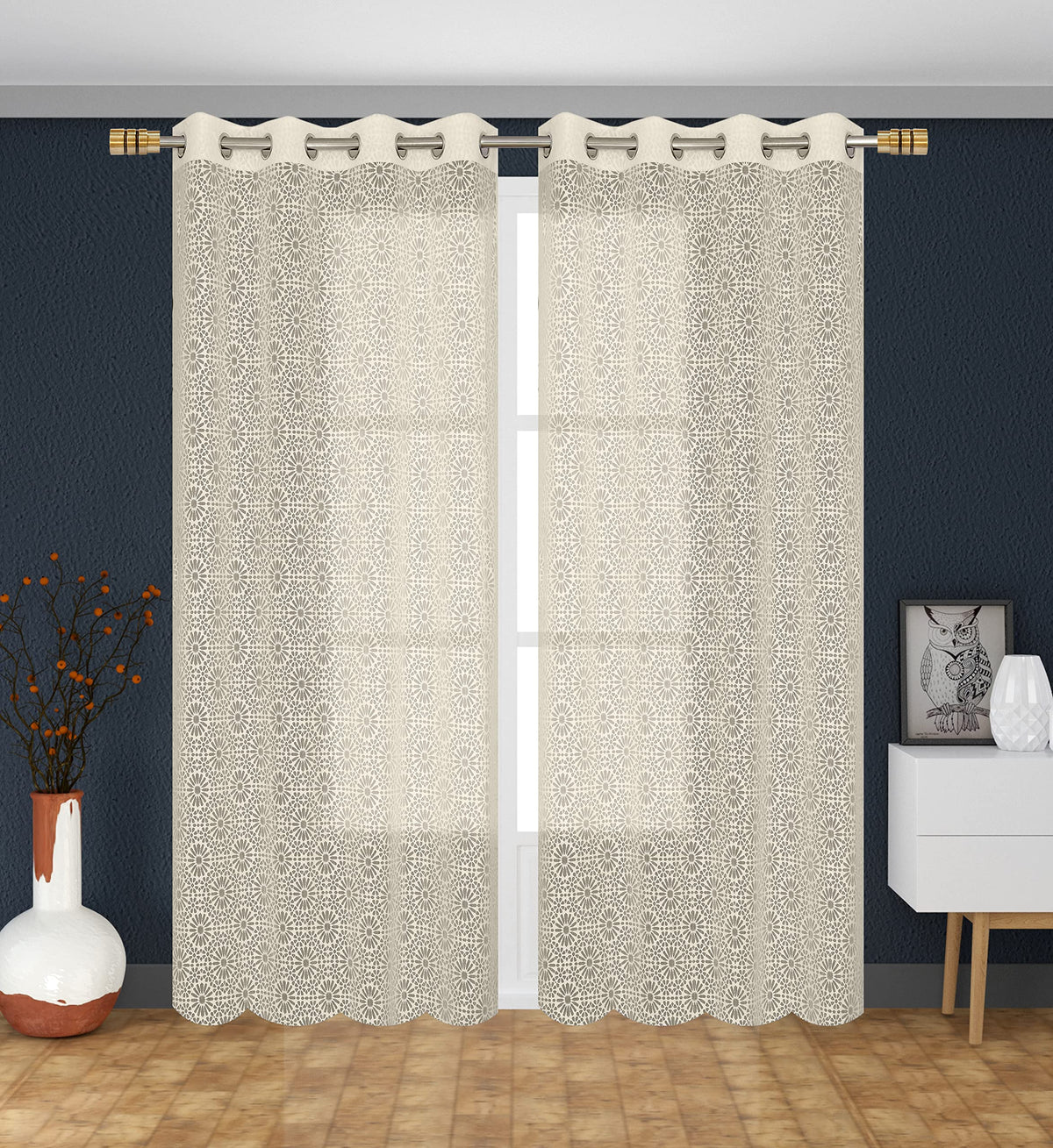 NACIA Heavy Polyester Net Semi Sheer Curtains for Door | Geometric Design Grommet Curtains | Semi Transparent Window Drapes for Living Room Bedroom Home Décor