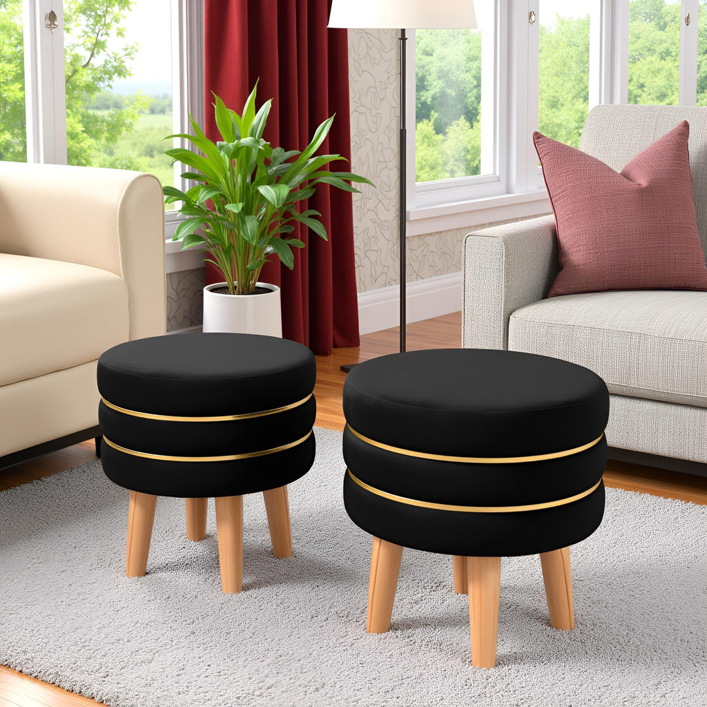 NACIA Velvet Upholstered Ottoman Stool with Wooden Legs | Round Pouffe Footrest Seat for Living Room Bedroom Balcony | Compact Foot Stool for Sitting Home Decor Furniture, 18 Inch