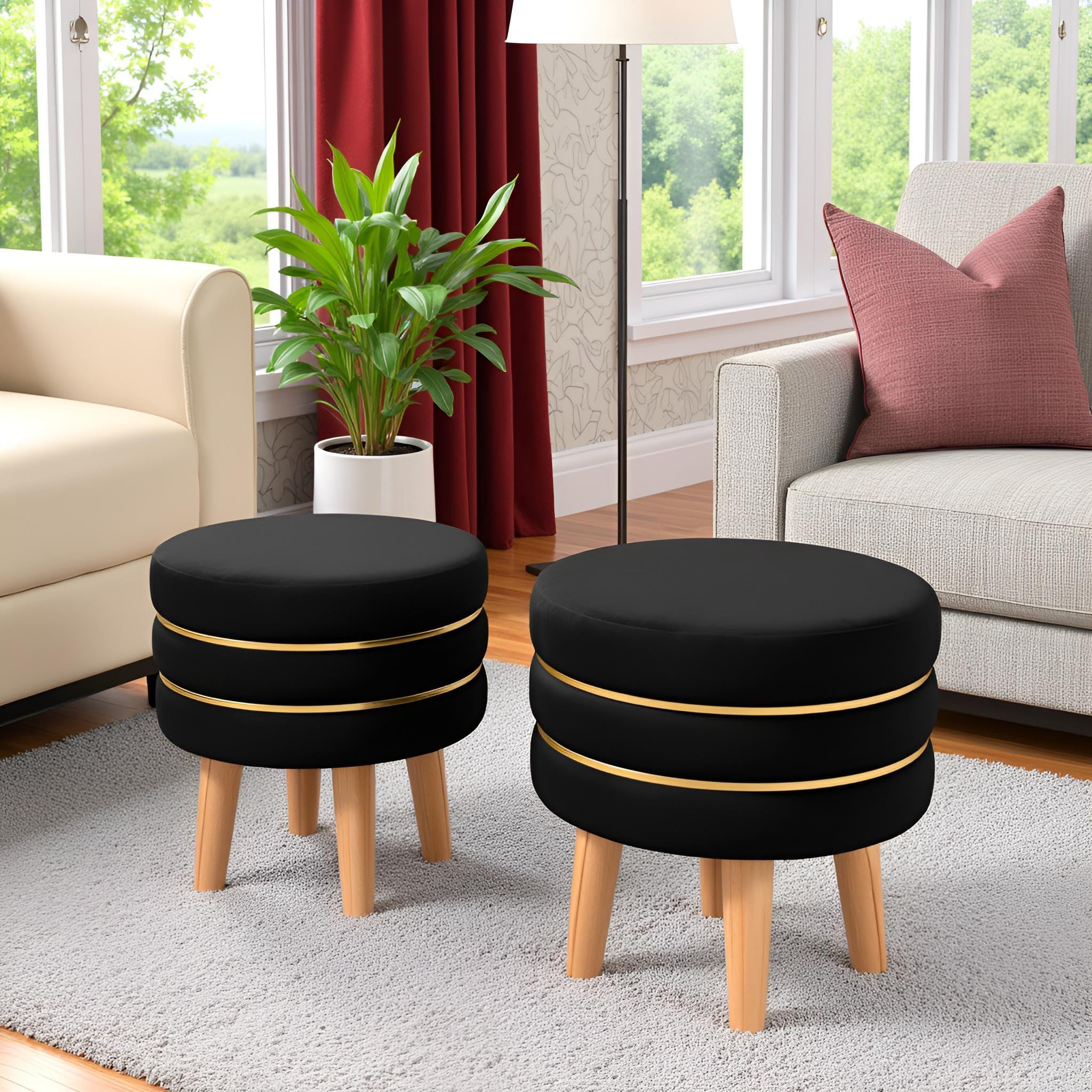 NACIA Velvet Upholstered Ottoman Stool with Wooden Legs | Round Pouffe Footrest Seat for Living Room Bedroom Balcony | Compact Foot Stool for Sitting Home Decor Furniture, 18 Inch