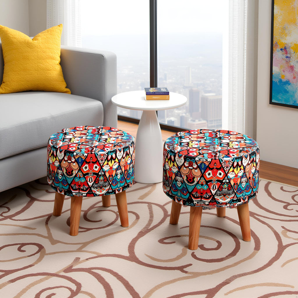 NACIA Printed Ottoman Stool for Living Room | Wooden Pouffe for Sitting and Footrest | Furniture for Home Decor