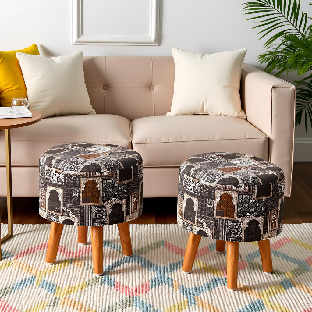 NACIA Printed Ottoman Stool for Living Room | Wooden Pouffe for Sitting and Footrest | Furniture for Home Decor