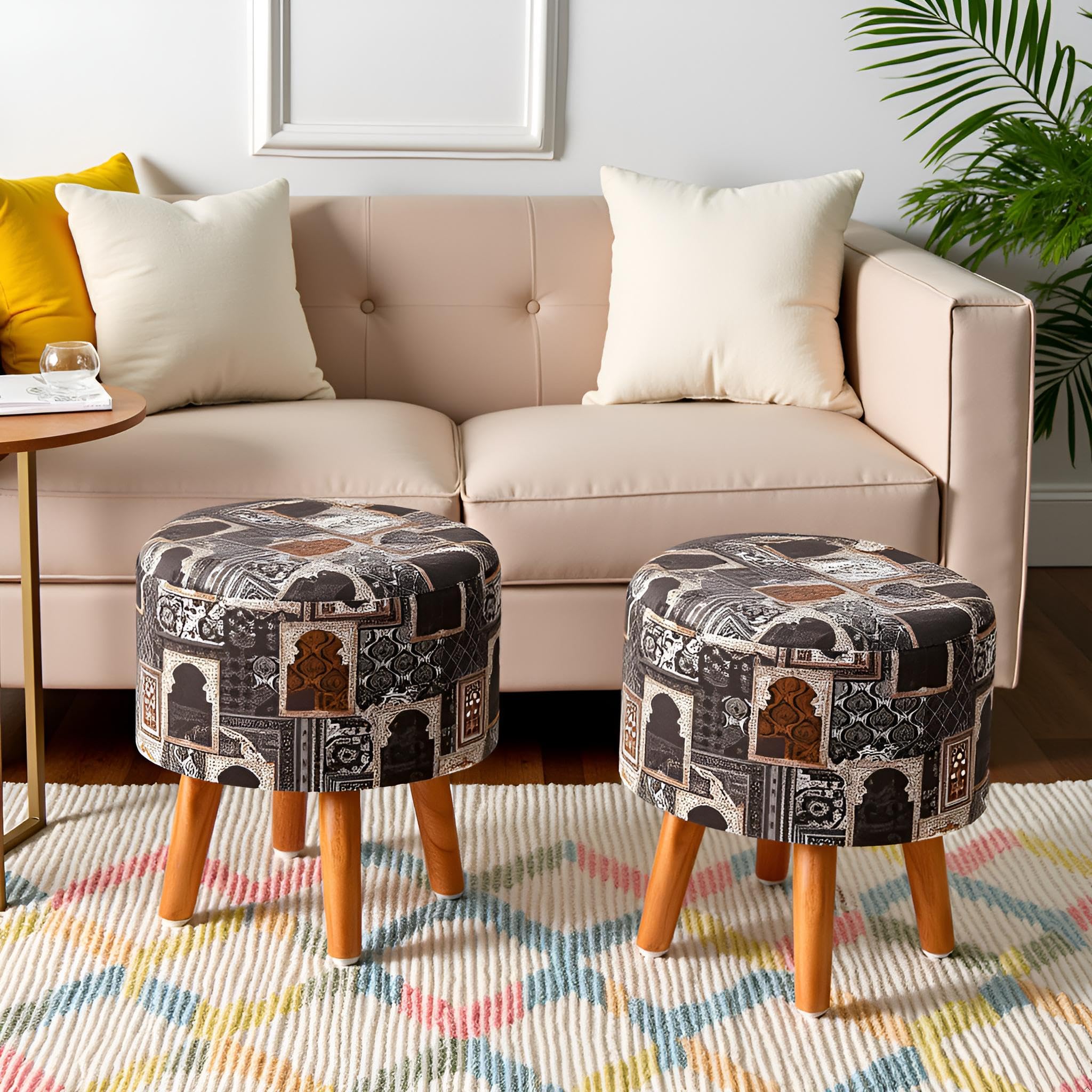 NACIA Printed Ottoman Stool for Living Room | Wooden Pouffe for Sitting and Footrest | Furniture for Home Decor