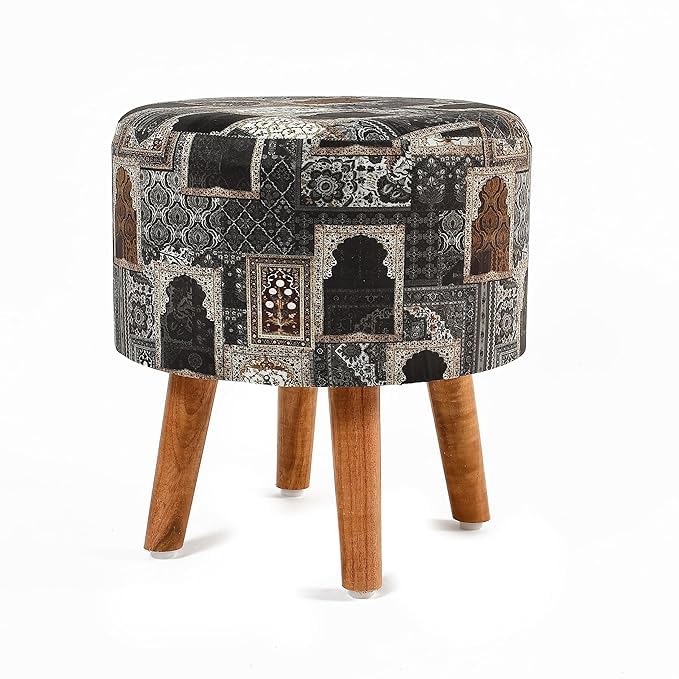 NACIA Printed Ottoman Stool for Living Room | Wooden Pouffe for Sitting and Footrest | Furniture for Home Decor