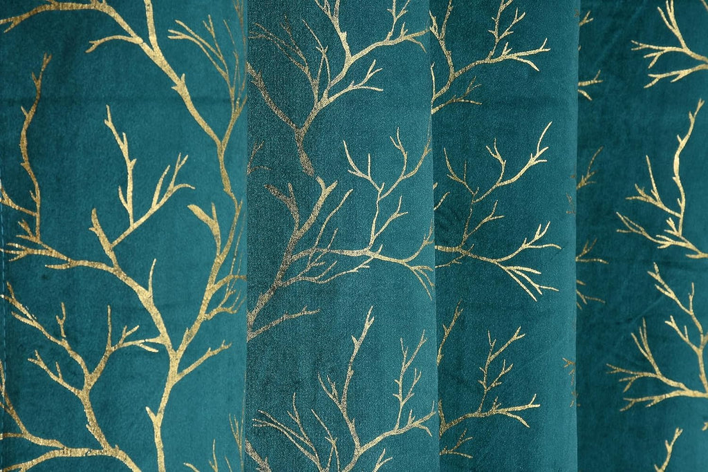 NACIA Golden Foil Print Velvet Curtains for Long Window, Door and Log Door | Decorative Eyelet Room Darkening Drapes with Metallic Tree Branch Design for Living Room and Home Décor, Pack of 1