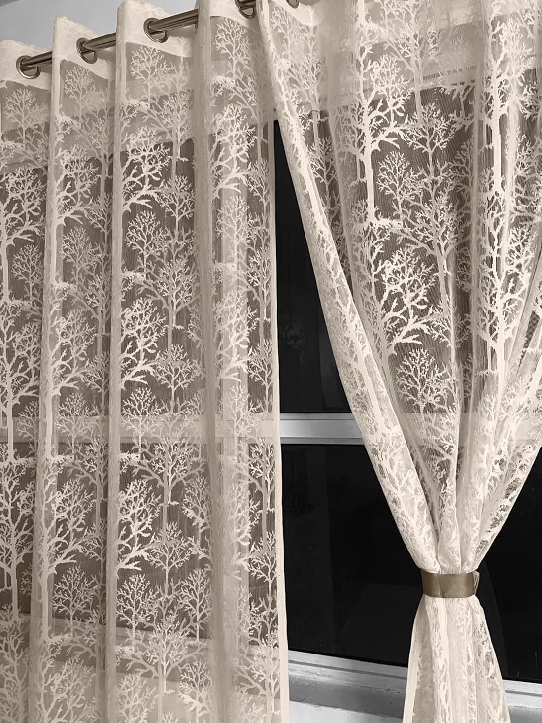NACIA Floral Net Semi Sheer Curtains 9 Feet Long Set of 2 | Transparent Long Door Curtains with Eyelet Rings | Light Filtering Polyester Net Curtains for Living Room and Bedroom
