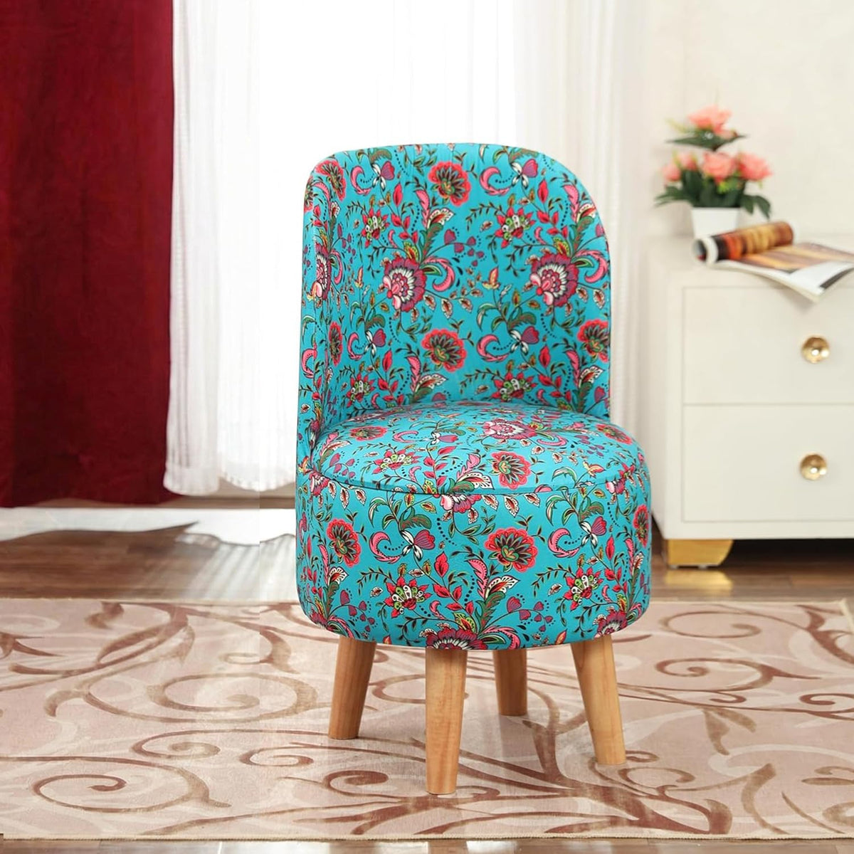 NACIA Velvet Printed Ottoman Chair | Dressing Table Chair for Bedroom Makeup Room Decor | Modern Upholstered Ottoman with Wooden Legs for Living Room & Home (18x18x32 Inches)
