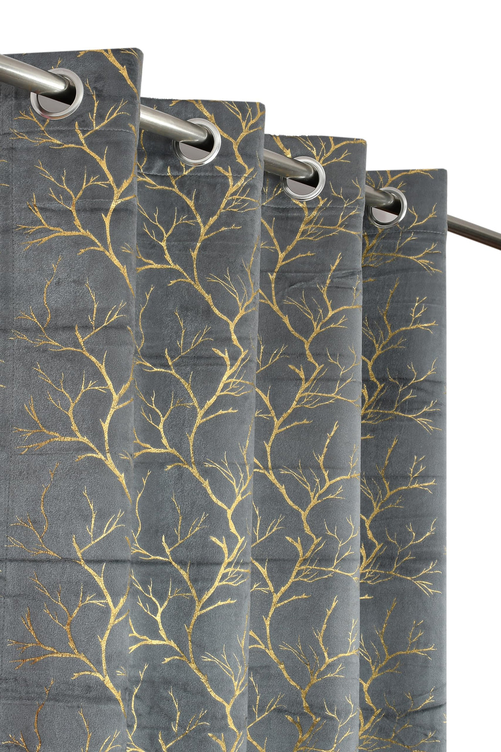 NACIA Golden Foil Print Velvet Curtains for Long Window, Door and Log Door | Decorative Eyelet Room Darkening Drapes with Metallic Tree Branch Design for Living Room and Home Décor, Pack of 1