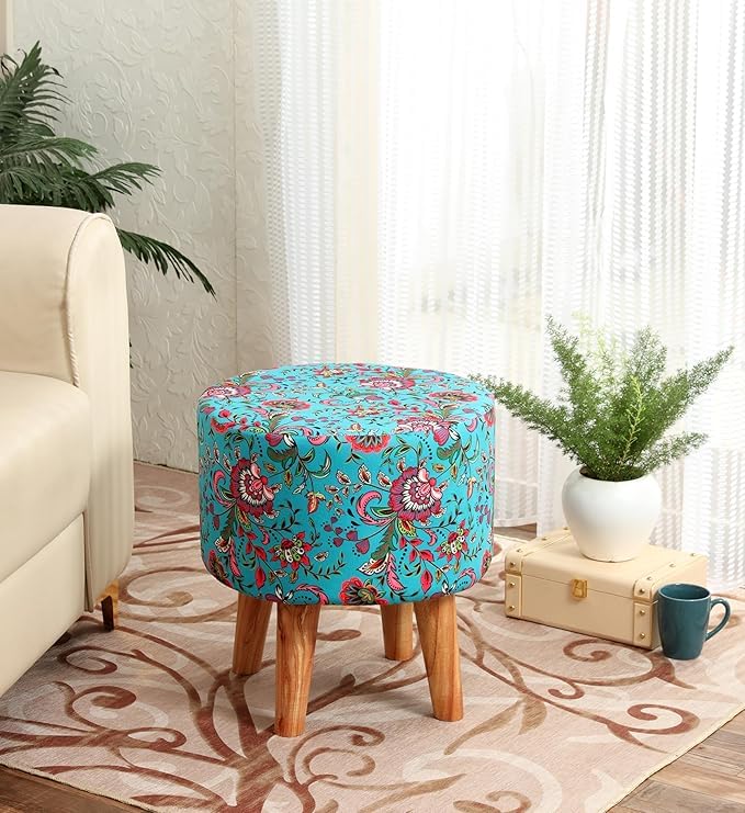 NACIA Printed Ottoman Stool for Living Room | Wooden Pouffe for Sitting and Footrest | Furniture for Home Decor