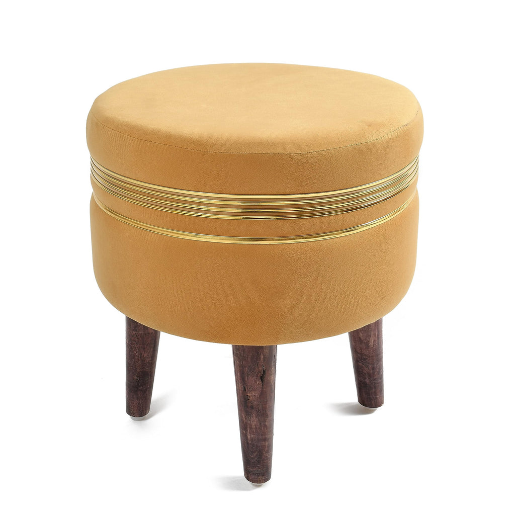 NACIA Ottoman Pouffe Stool for Living Room | Round Cushioned Footstool with Wooden & Gold Metal Legs | Dressing Table Chair for Home Decor, Bedroom & Balcony Use