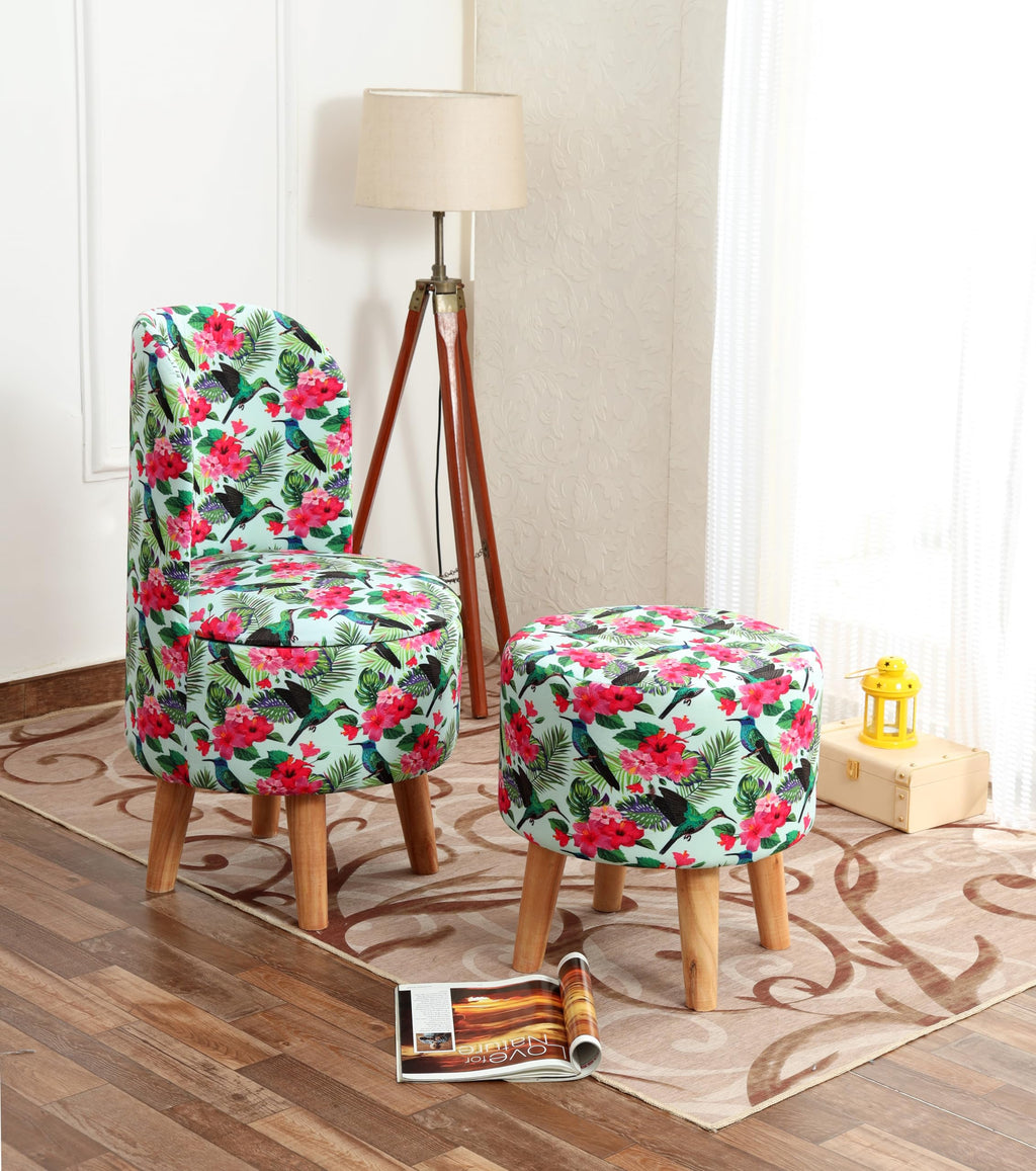 NACIA Velvet Printed Ottoman Chair with Stool Combo | Dressing Table Chair for Bedroom Makeup Room Decor | Modern Upholstered Ottoman with Wooden Legs for Living Room & Home